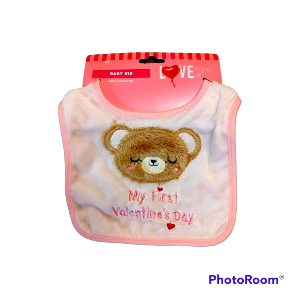 NEW My First Valentine's Day Baby Bib Girl 1st Pastel Pink Love Tan Bear Hearts